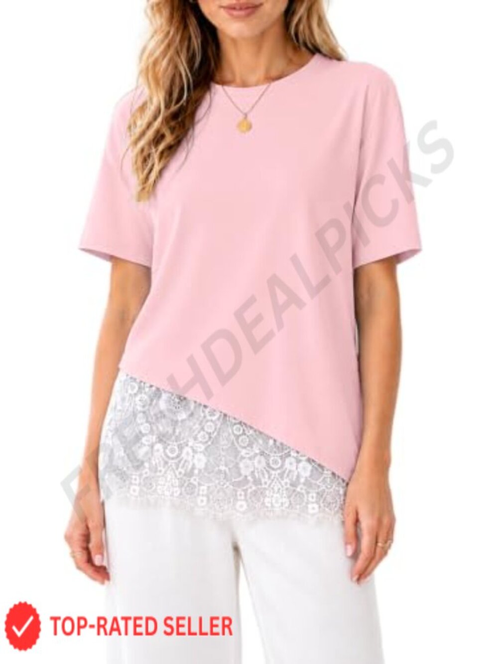 Lace Patchwork Modal Tee Short Sleeve Asymmetrical Hem T-Shirt